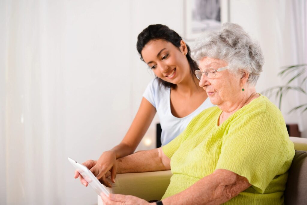 woman looking at ipad